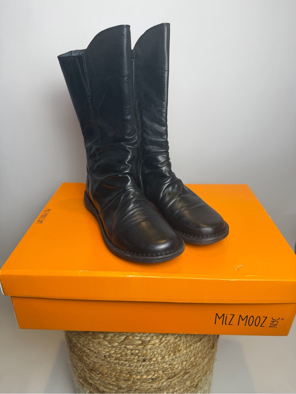 Miz Mooz Black Leather Mid-Calf Pull-On Boots